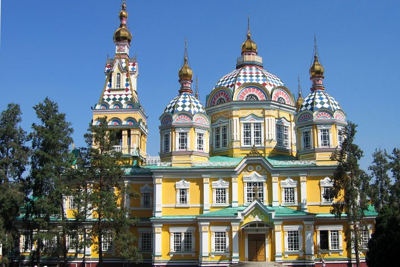 The brightly coloured wooden Ascension Cathedral in Almaty's Panfilov Park