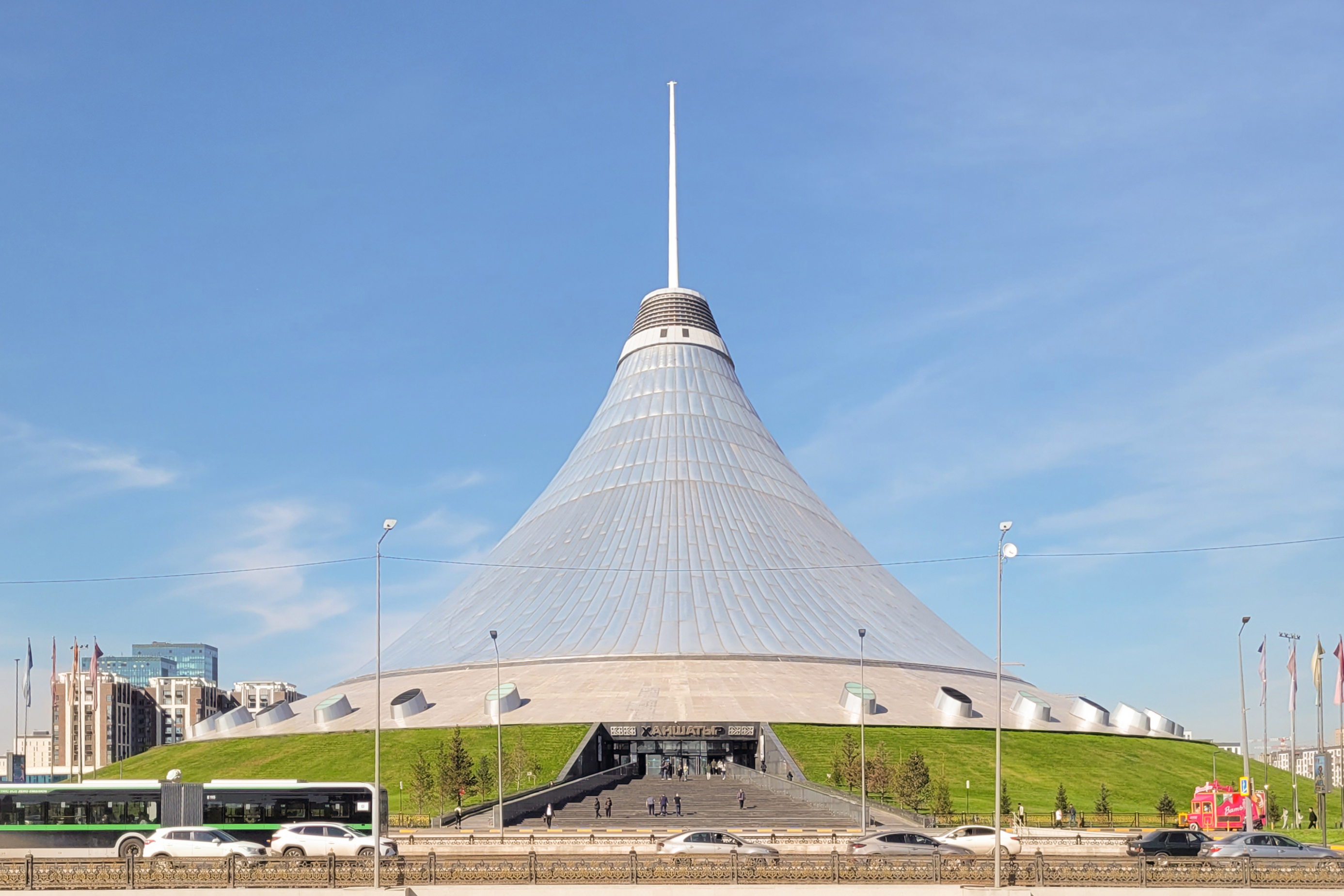 The giant transparent tent structure of the Khan Shatyr Entertainment Center