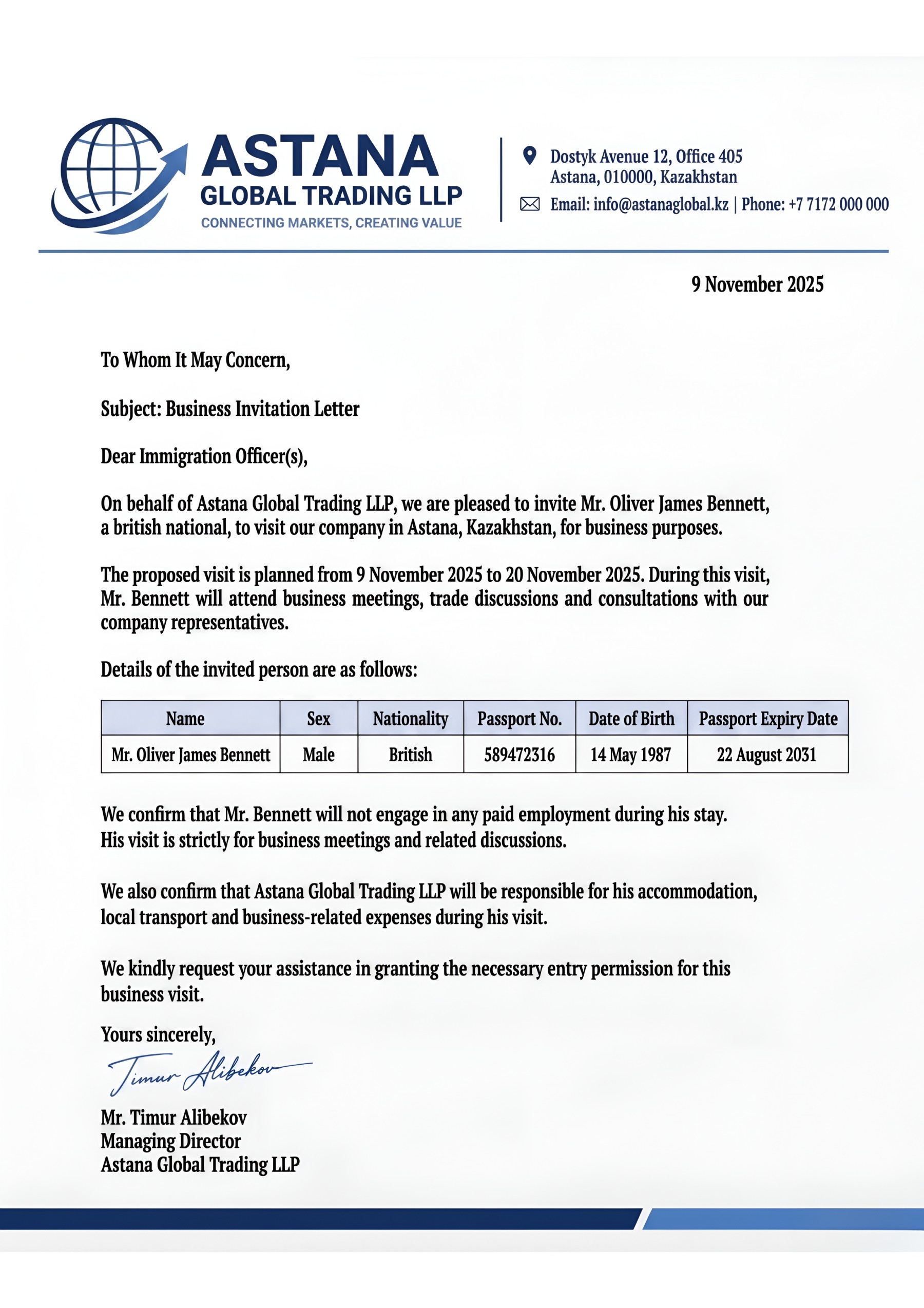 Kazakhstan Invitation Letter Page