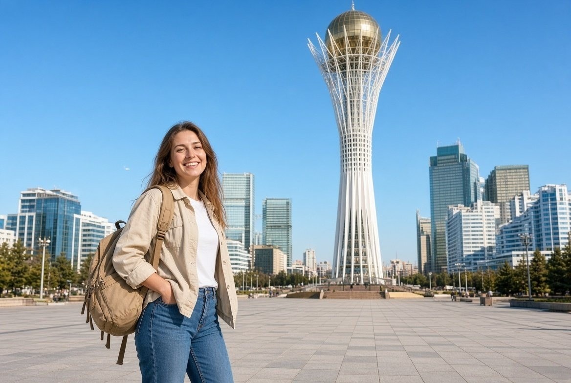 Tourist At Bayterek Tower In Kazakhstan